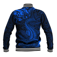 New Zealand Crocodile Tattoo and Fern Baseball Jacket Maori Pattern Blue Color