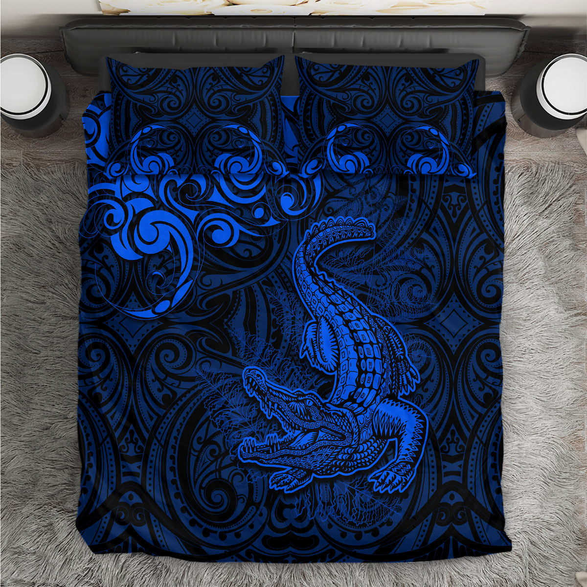 New Zealand Crocodile Tattoo and Fern Bedding Set Maori Pattern Blue Color