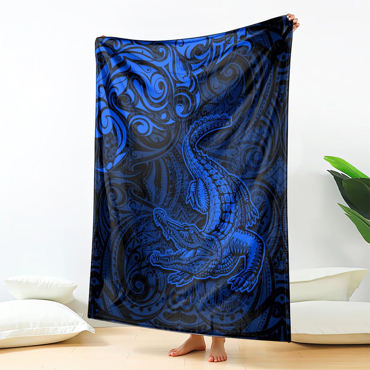 New Zealand Crocodile Tattoo and Fern Blanket Maori Pattern Blue Color