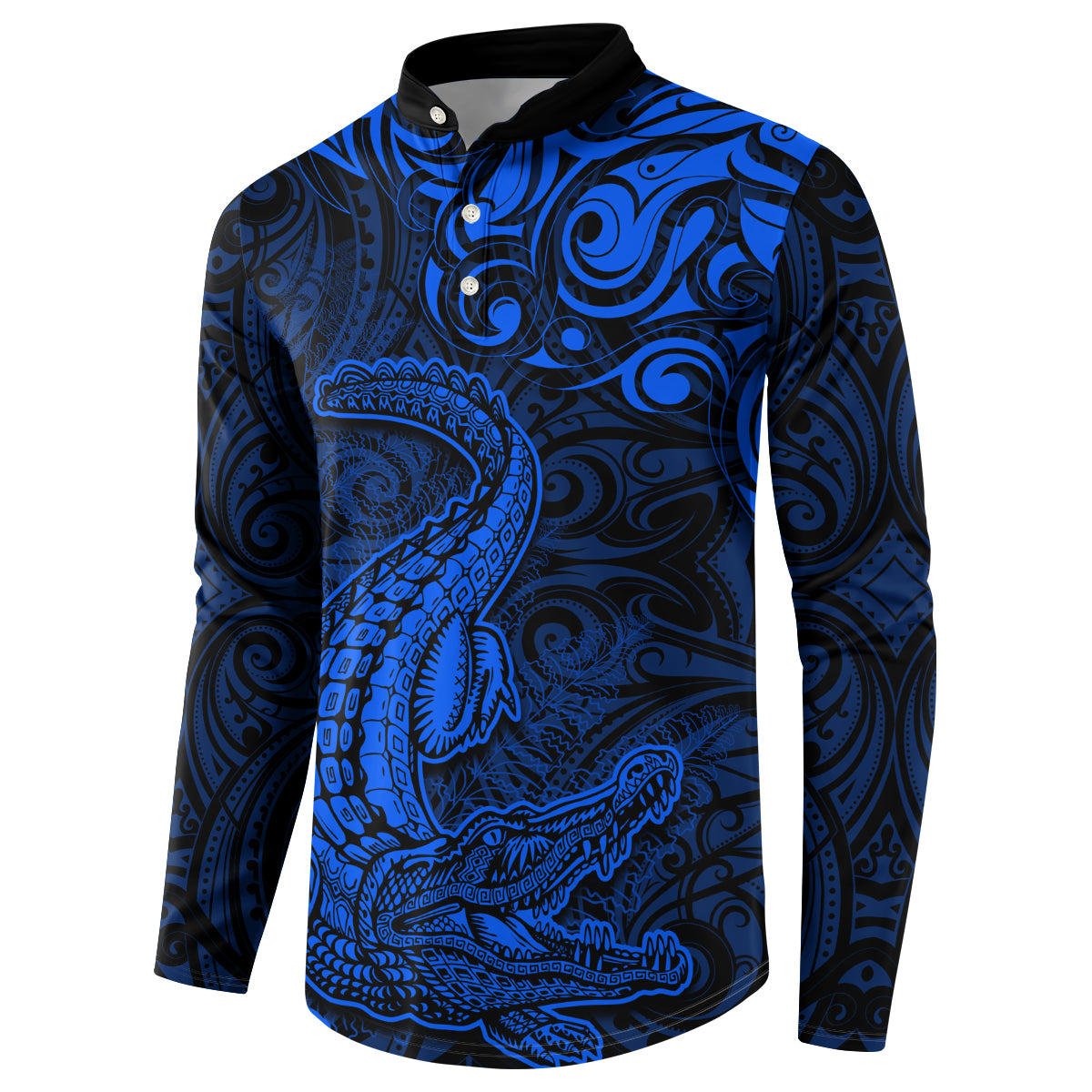 New Zealand Crocodile Tattoo and Fern Button Sweatshirt Maori Pattern Blue Color