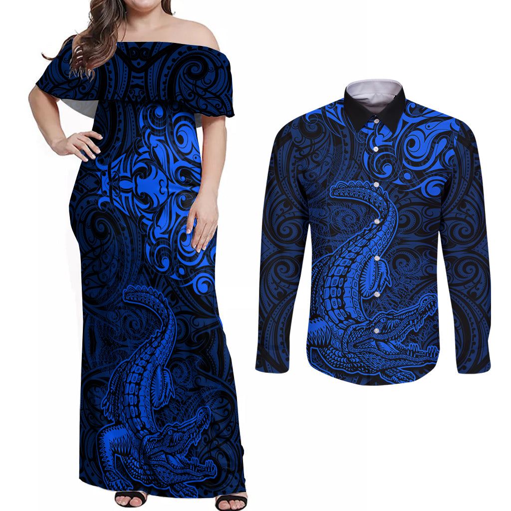 New Zealand Crocodile Tattoo and Fern Couples Matching Off Shoulder Maxi Dress and Long Sleeve Button Shirt Maori Pattern Blue Color LT03 Blue - Polynesian Pride