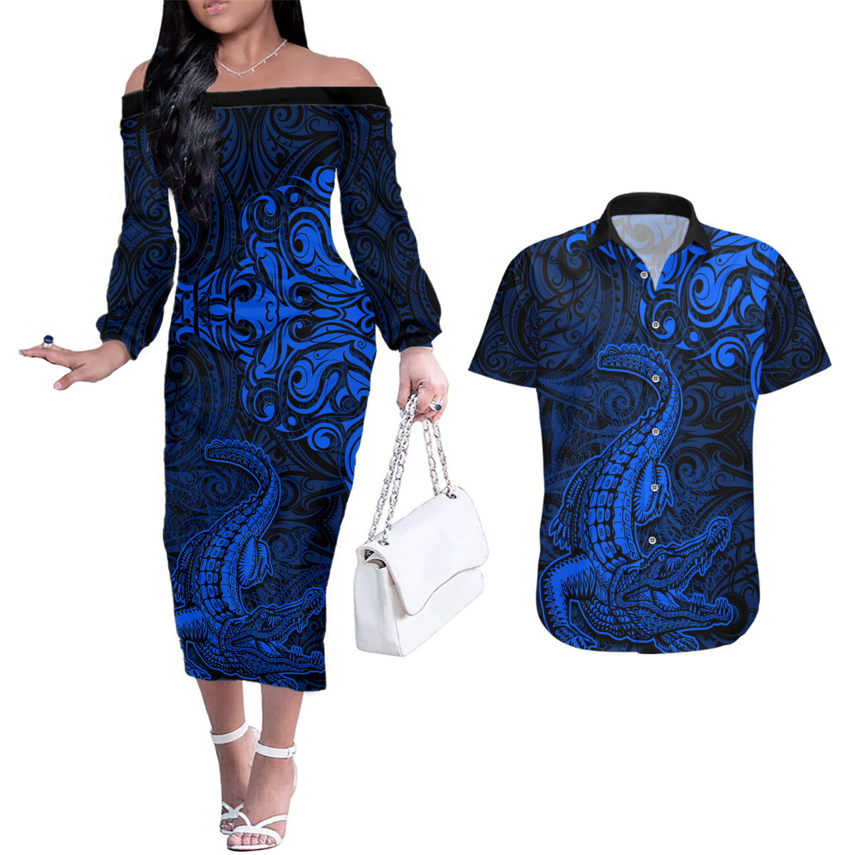 New Zealand Crocodile Tattoo and Fern Couples Matching Off The Shoulder Long Sleeve Dress and Hawaiian Shirt Maori Pattern Blue Color