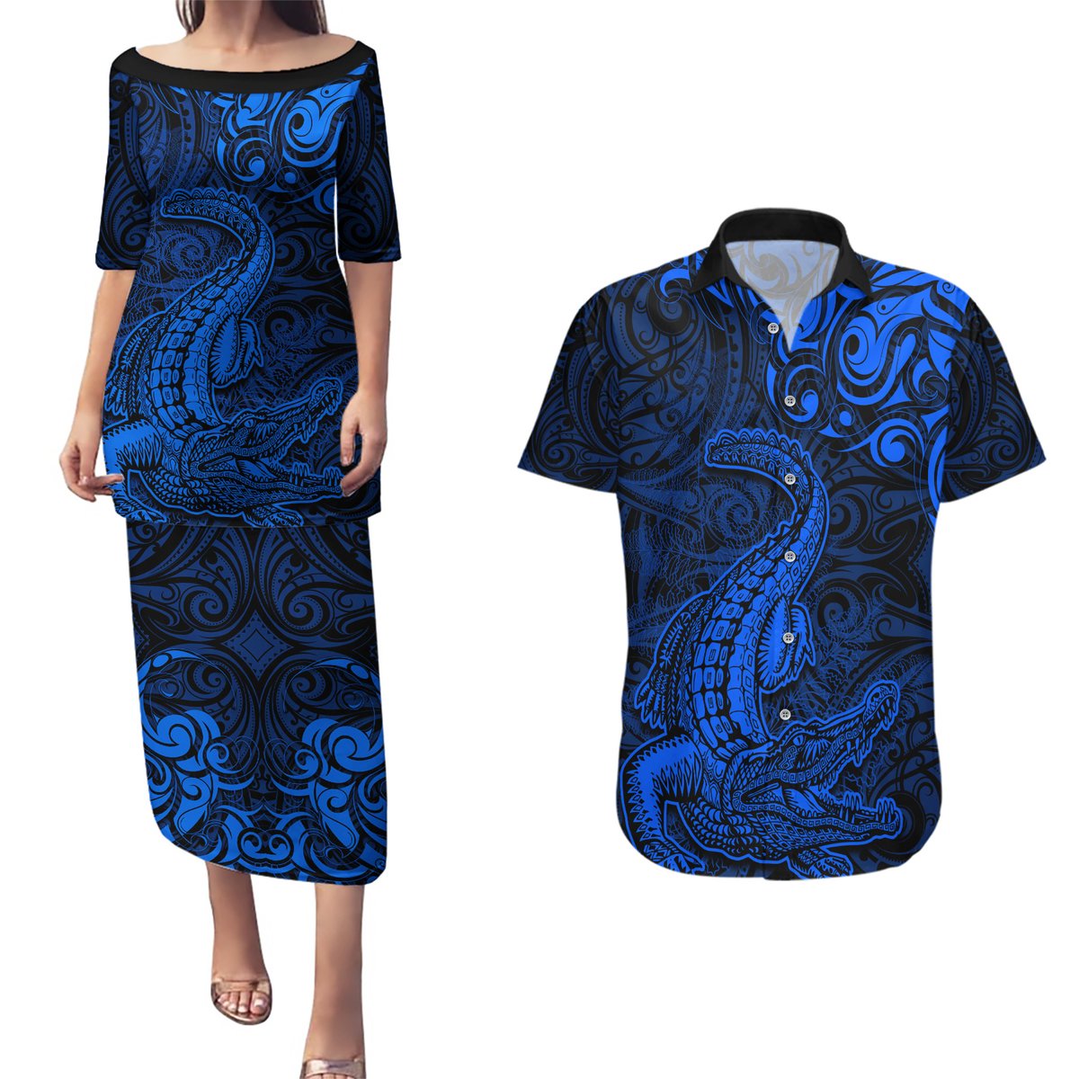 New Zealand Crocodile Tattoo and Fern Couples Matching Puletasi and Hawaiian Shirt Maori Pattern Blue Color LT03 Blue - Polynesian Pride