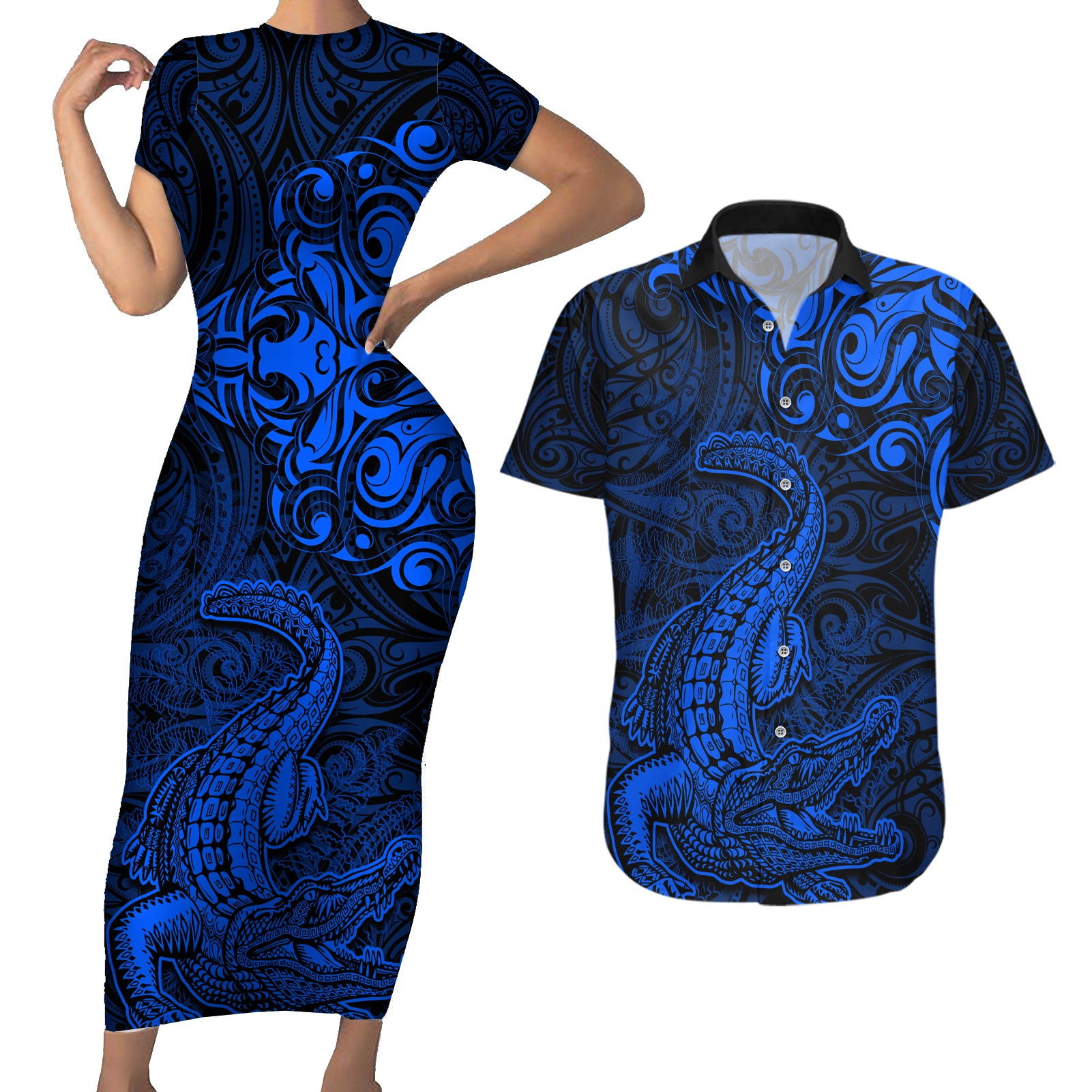 New Zealand Crocodile Tattoo and Fern Couples Matching Short Sleeve Bodycon Dress and Hawaiian Shirt Maori Pattern Blue Color