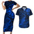 New Zealand Crocodile Tattoo and Fern Couples Matching Short Sleeve Bodycon Dress and Hawaiian Shirt Maori Pattern Blue Color