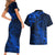 New Zealand Crocodile Tattoo and Fern Couples Matching Short Sleeve Bodycon Dress and Hawaiian Shirt Maori Pattern Blue Color