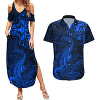 New Zealand Crocodile Tattoo and Fern Couples Matching Summer Maxi Dress and Hawaiian Shirt Maori Pattern Blue Color LT03 Blue - Polynesian Pride