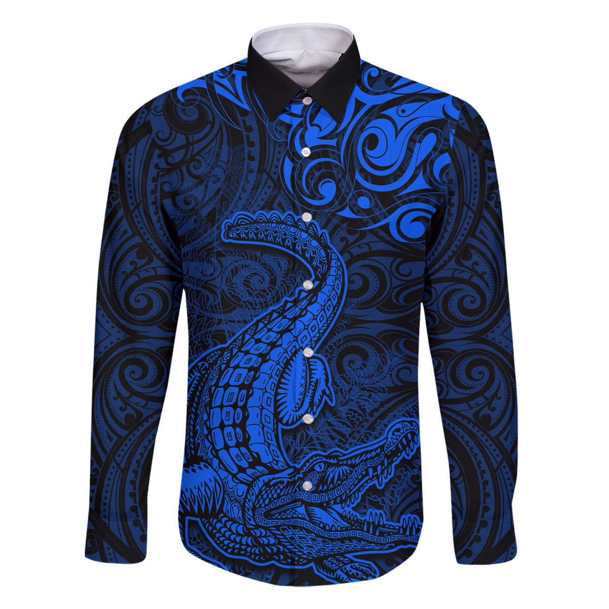 New Zealand Crocodile Tattoo and Fern Family Matching Long Sleeve Bodycon Dress and Hawaiian Shirt Maori Pattern Blue Color LT03 Dad's Shirt - Long Sleeve Blue - Polynesian Pride