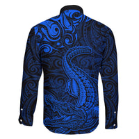 New Zealand Crocodile Tattoo and Fern Family Matching Long Sleeve Bodycon Dress and Hawaiian Shirt Maori Pattern Blue Color LT03 - Polynesian Pride