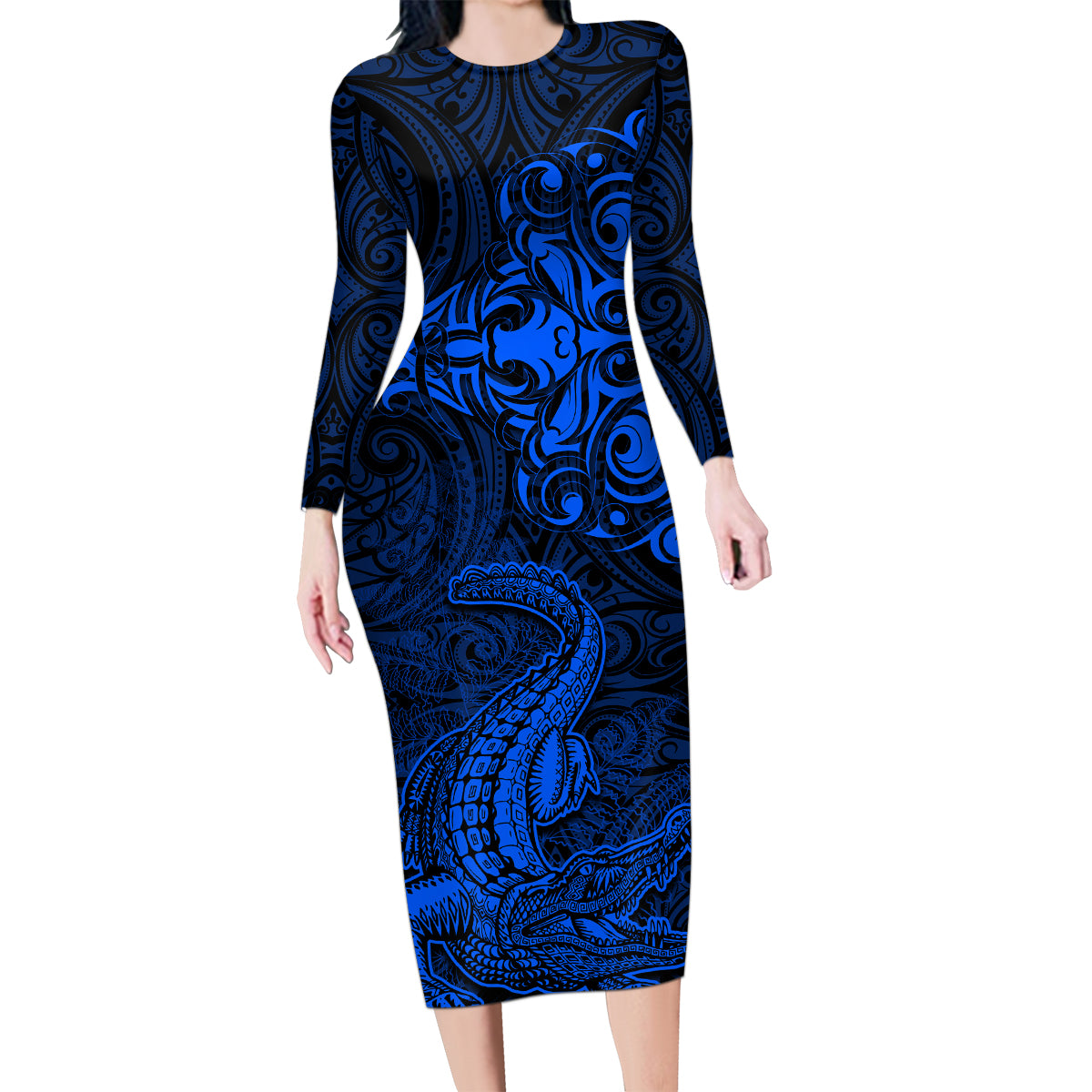 New Zealand Crocodile Tattoo and Fern Family Matching Long Sleeve Bodycon Dress and Hawaiian Shirt Maori Pattern Blue Color LT03 Mom's Dress Blue - Polynesian Pride