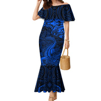 New Zealand Crocodile Tattoo and Fern Family Matching Mermaid Dress and Hawaiian Shirt Maori Pattern Blue Color LT03 Mom's Dress Blue - Polynesian Pride