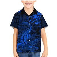 New Zealand Crocodile Tattoo and Fern Family Matching Mermaid Dress and Hawaiian Shirt Maori Pattern Blue Color LT03 Son's Shirt Blue - Polynesian Pride