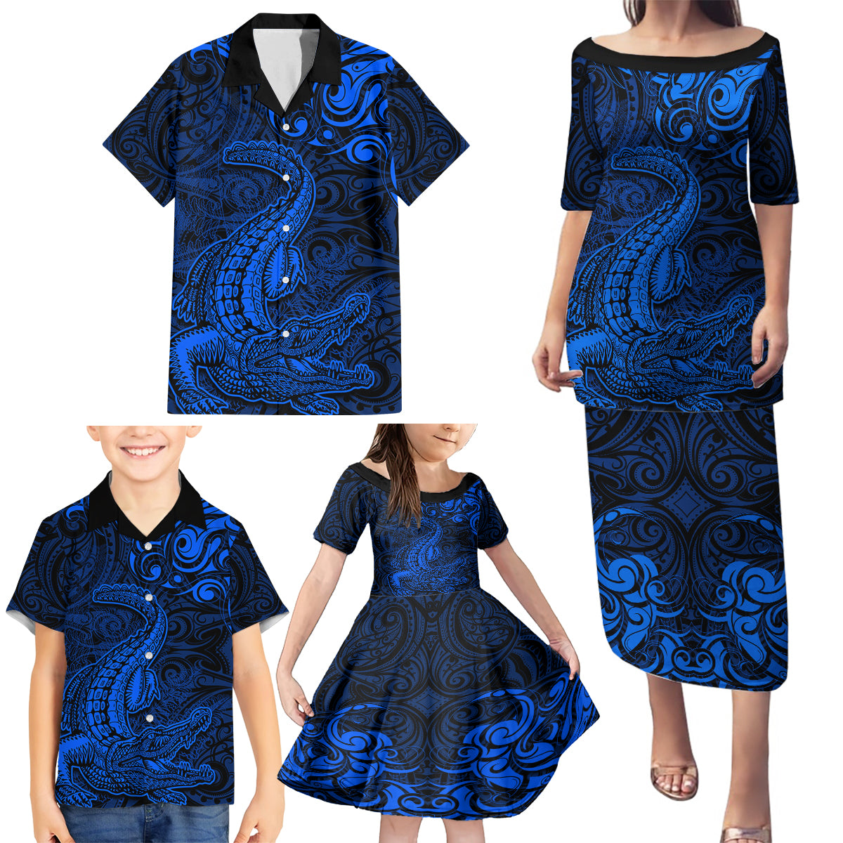 New Zealand Crocodile Tattoo and Fern Family Matching Puletasi and Hawaiian Shirt Maori Pattern Blue Color LT03 - Polynesian Pride