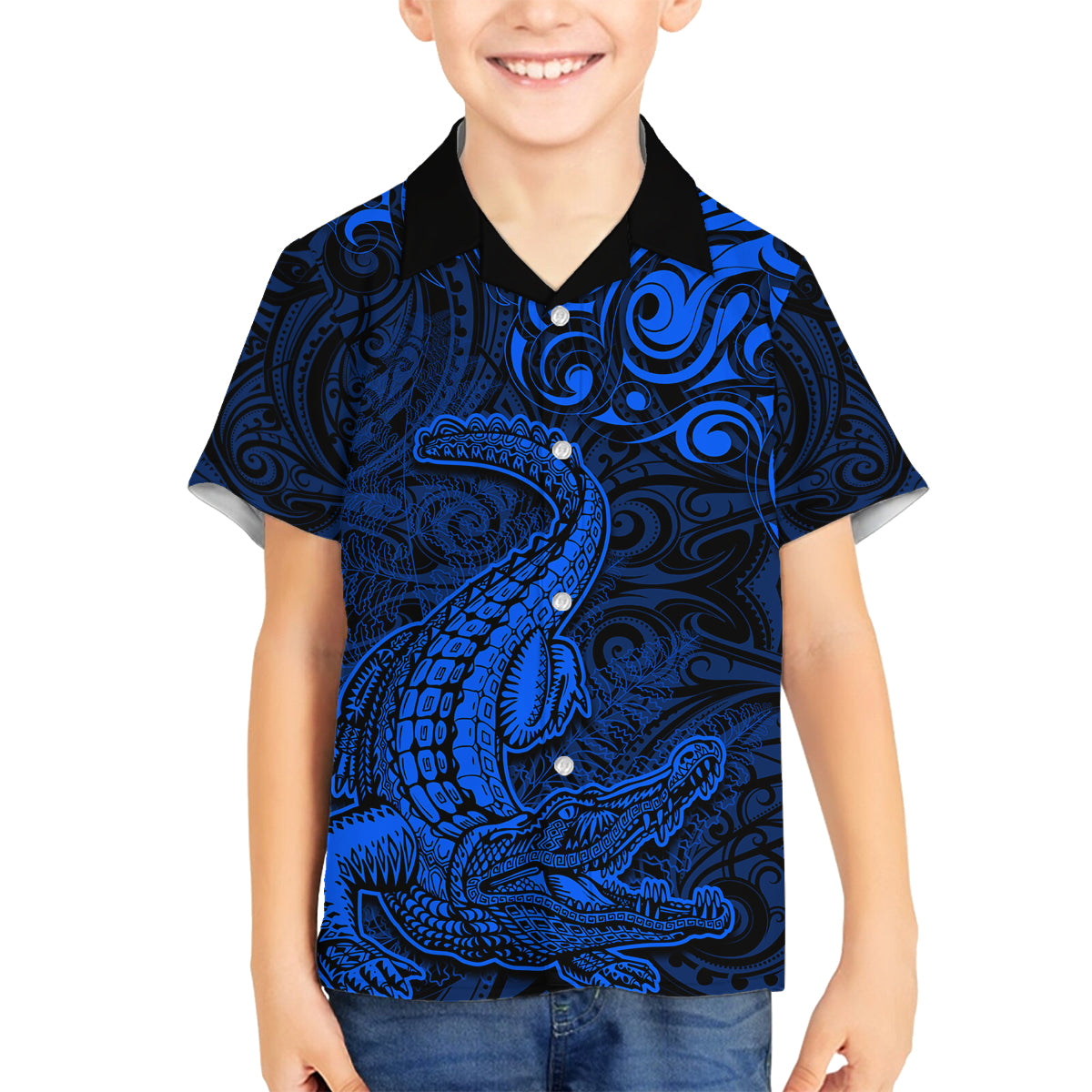 New Zealand Crocodile Tattoo and Fern Family Matching Puletasi and Hawaiian Shirt Maori Pattern Blue Color LT03 Son's Shirt Blue - Polynesian Pride