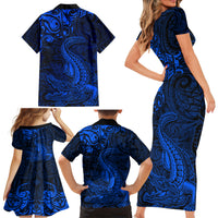 New Zealand Crocodile Tattoo and Fern Family Matching Short Sleeve Bodycon Dress and Hawaiian Shirt Maori Pattern Blue Color LT03 - Polynesian Pride