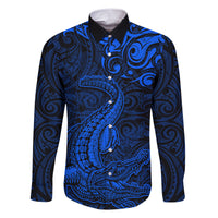 New Zealand Crocodile Tattoo and Fern Family Matching Short Sleeve Bodycon Dress and Hawaiian Shirt Maori Pattern Blue Color LT03 Dad's Shirt - Long Sleeve Blue - Polynesian Pride