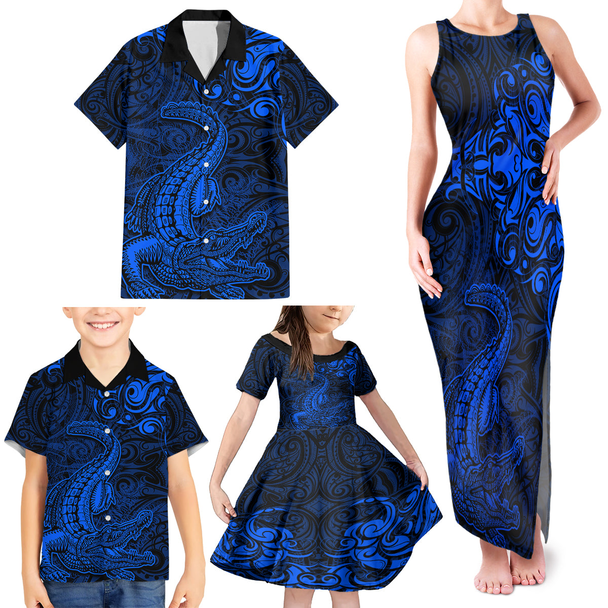 New Zealand Crocodile Tattoo and Fern Family Matching Tank Maxi Dress and Hawaiian Shirt Maori Pattern Blue Color