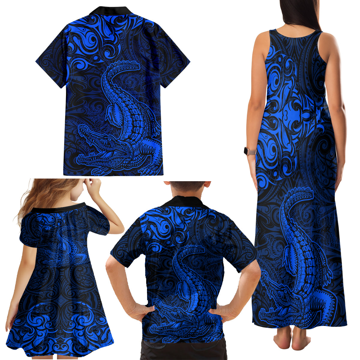 New Zealand Crocodile Tattoo and Fern Family Matching Tank Maxi Dress and Hawaiian Shirt Maori Pattern Blue Color LT03 - Polynesian Pride