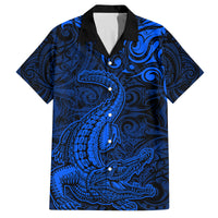 New Zealand Crocodile Tattoo and Fern Family Matching Tank Maxi Dress and Hawaiian Shirt Maori Pattern Blue Color LT03 Dad's Shirt - Short Sleeve Blue - Polynesian Pride