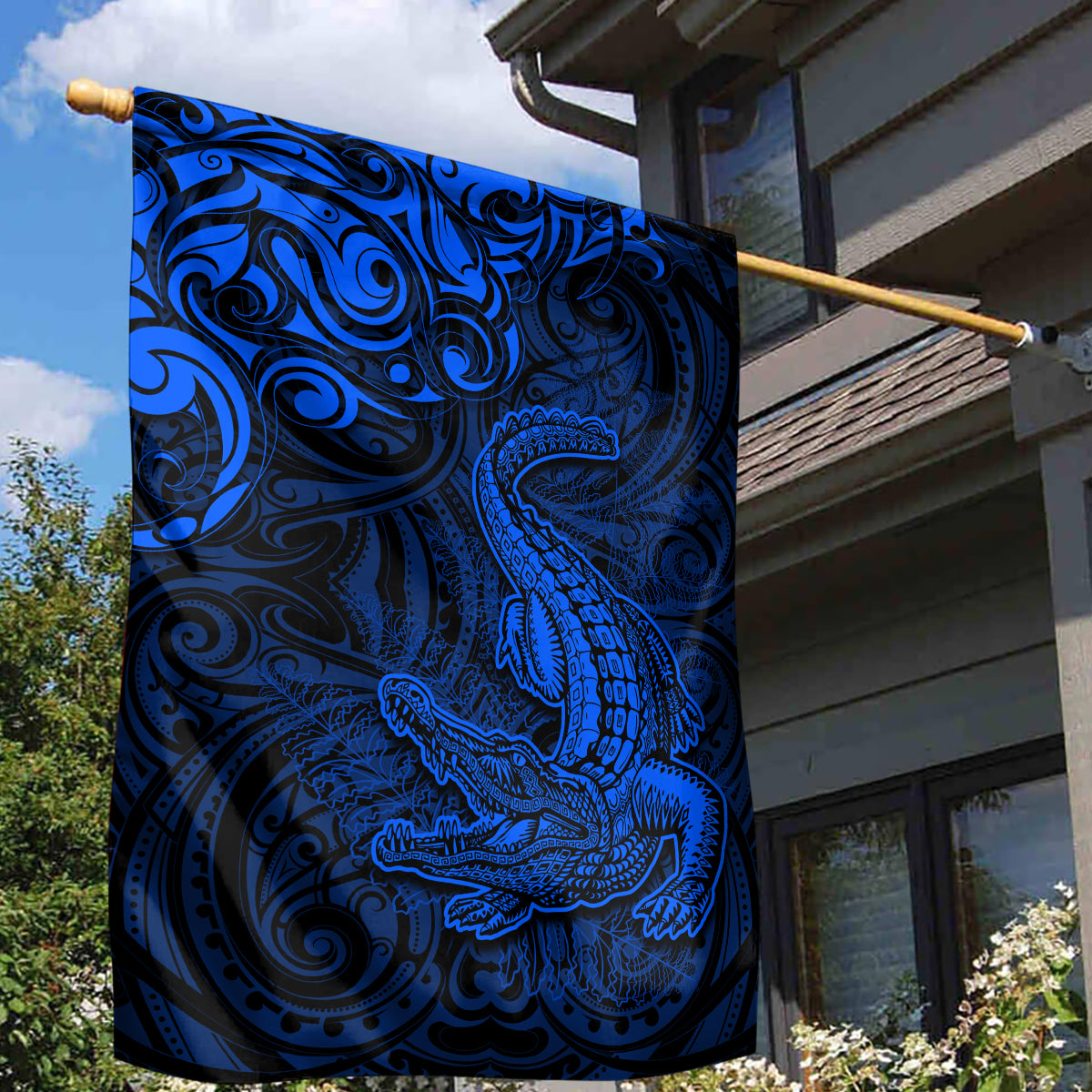 New Zealand Crocodile Tattoo and Fern Garden Flag Maori Pattern Blue Color