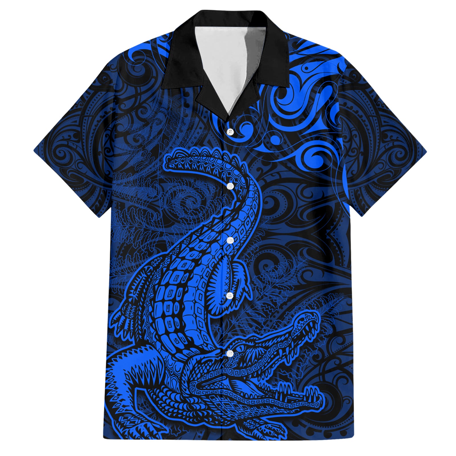 New Zealand Crocodile Tattoo and Fern Hawaiian Shirt Maori Pattern Blue Color