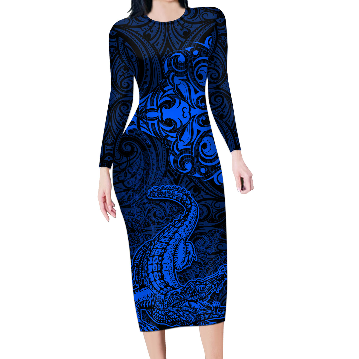 New Zealand Crocodile Tattoo and Fern Long Sleeve Bodycon Dress Maori Pattern Blue Color LT03 Long Dress Blue - Polynesian Pride