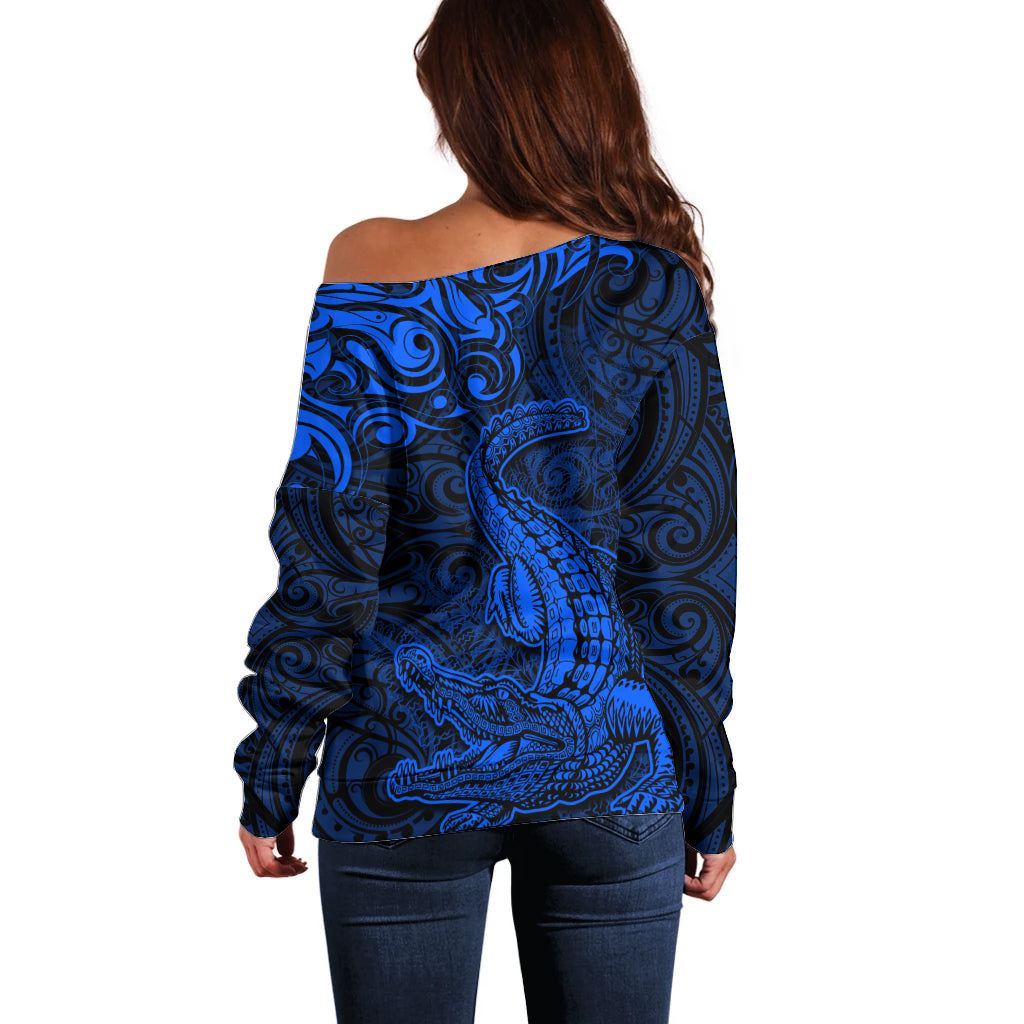New Zealand Crocodile Tattoo and Fern Off Shoulder Sweater Maori Pattern Blue Color