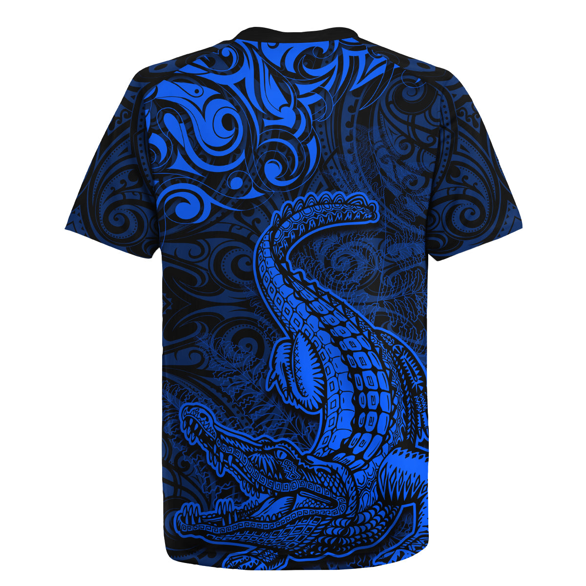 New Zealand Crocodile Tattoo and Fern Rugby Jersey Maori Pattern Blue Color