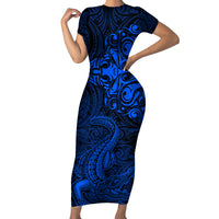 New Zealand Crocodile Tattoo and Fern Short Sleeve Bodycon Dress Maori Pattern Blue Color LT03 Long Dress Blue - Polynesian Pride