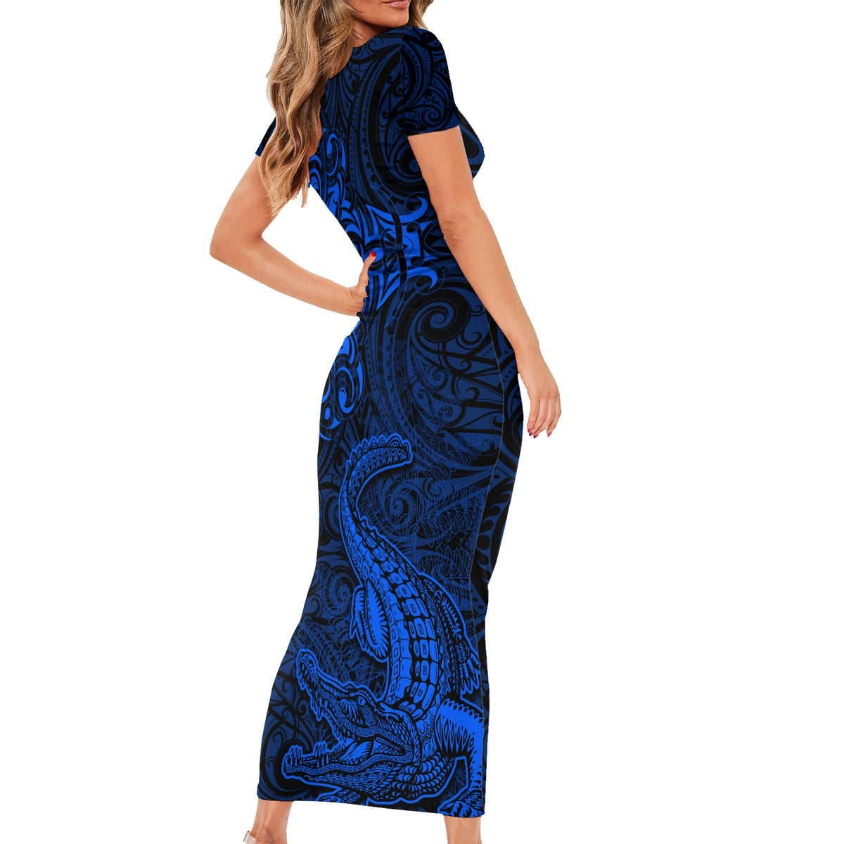 New Zealand Crocodile Tattoo and Fern Short Sleeve Bodycon Dress Maori Pattern Blue Color LT03 - Polynesian Pride