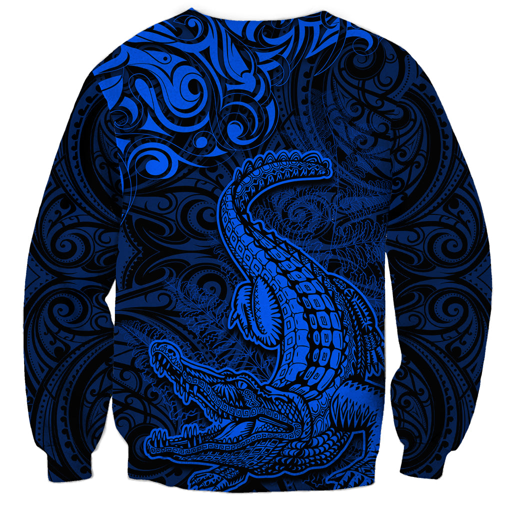 New Zealand Crocodile Tattoo and Fern Sweatshirt Maori Pattern Blue Color