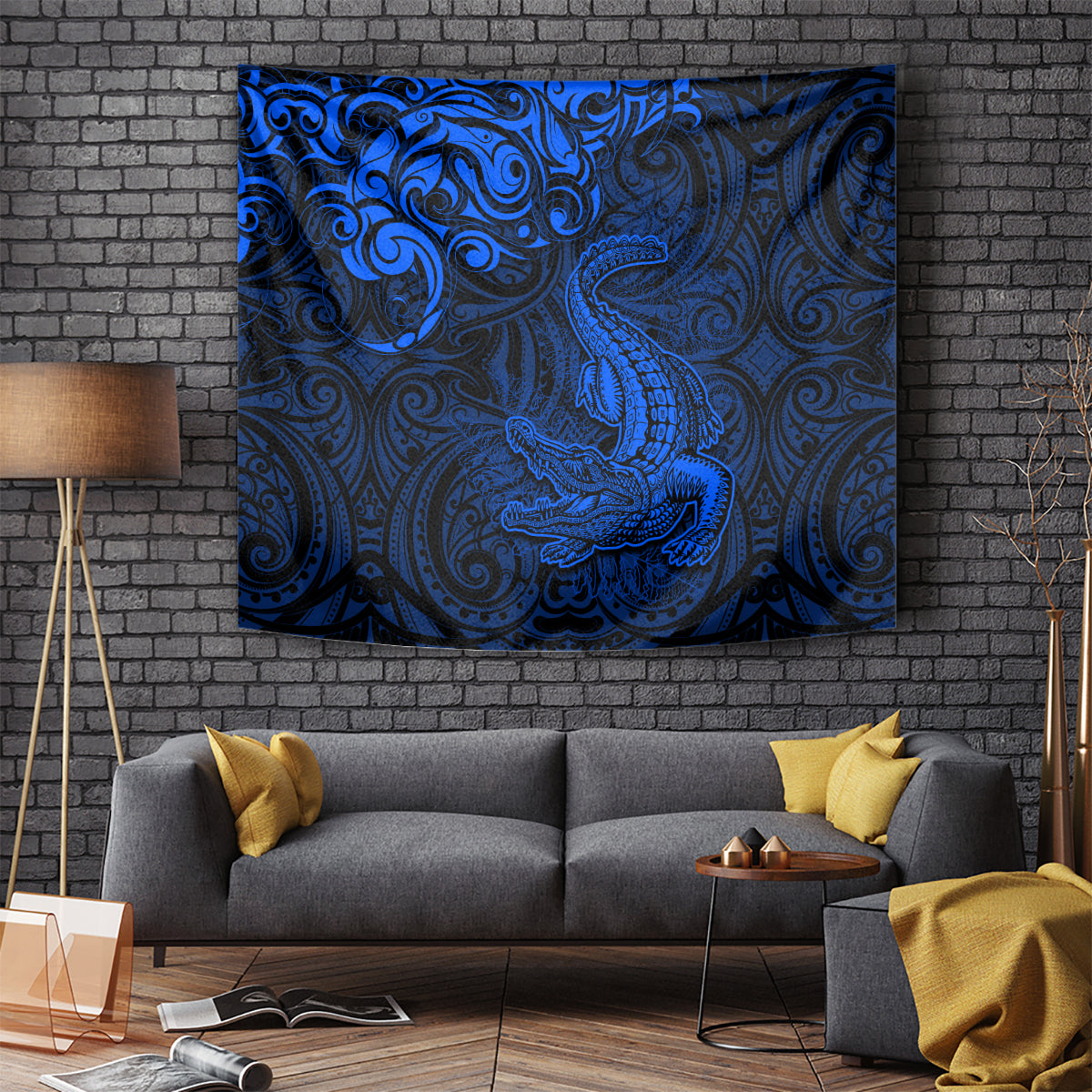 New Zealand Crocodile Tattoo and Fern Tapestry Maori Pattern Blue Color