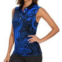 New Zealand Crocodile Tattoo and Fern Women Sleeveless Polo Shirt Maori Pattern Blue Color