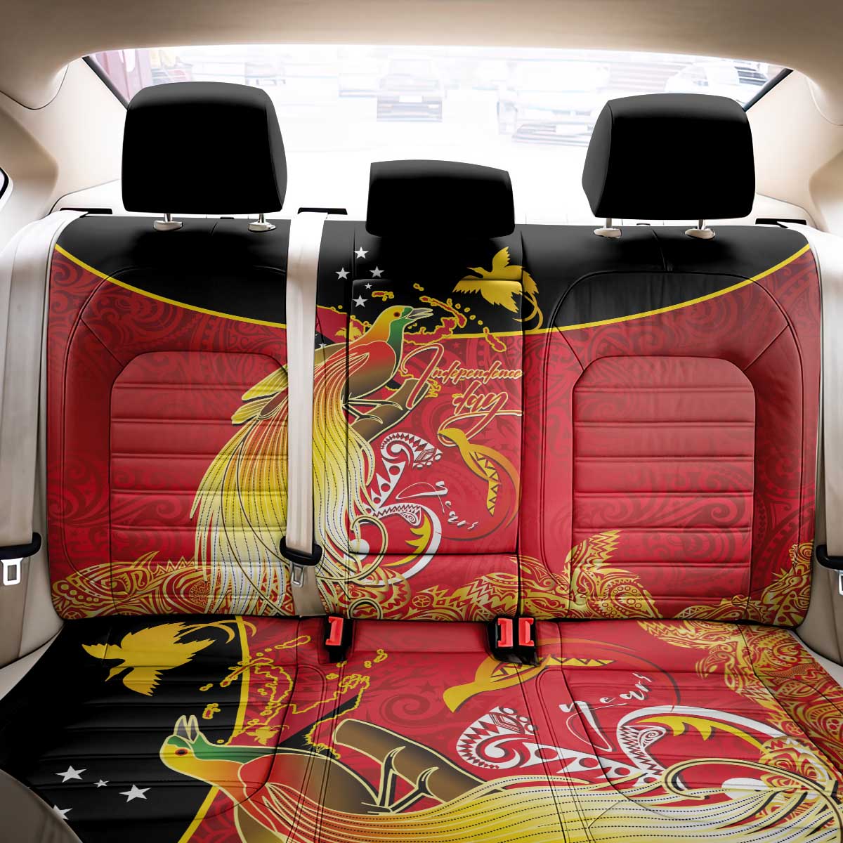 Papua New Guinea Independence Day Back Car Seat Cover Happy Anniversary 50th Bird-of-paradise Melanesian Tattoos - Polynesian Pride