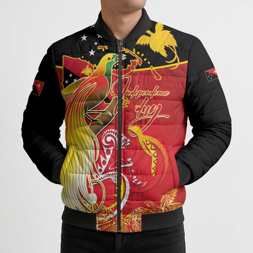 Papua New Guinea Independence Day Bomber Puffer Jacket Happy Anniversary 50th Bird-of-paradise Melanesian Tattoos - Polynesian Pride