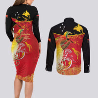 Papua New Guinea Independence Day Couples Matching Long Sleeve Bodycon Dress and Long Sleeve Button Shirt Happy Anniversary 50th Bird-of-paradise Melanesian Tattoos - Polynesian Pride