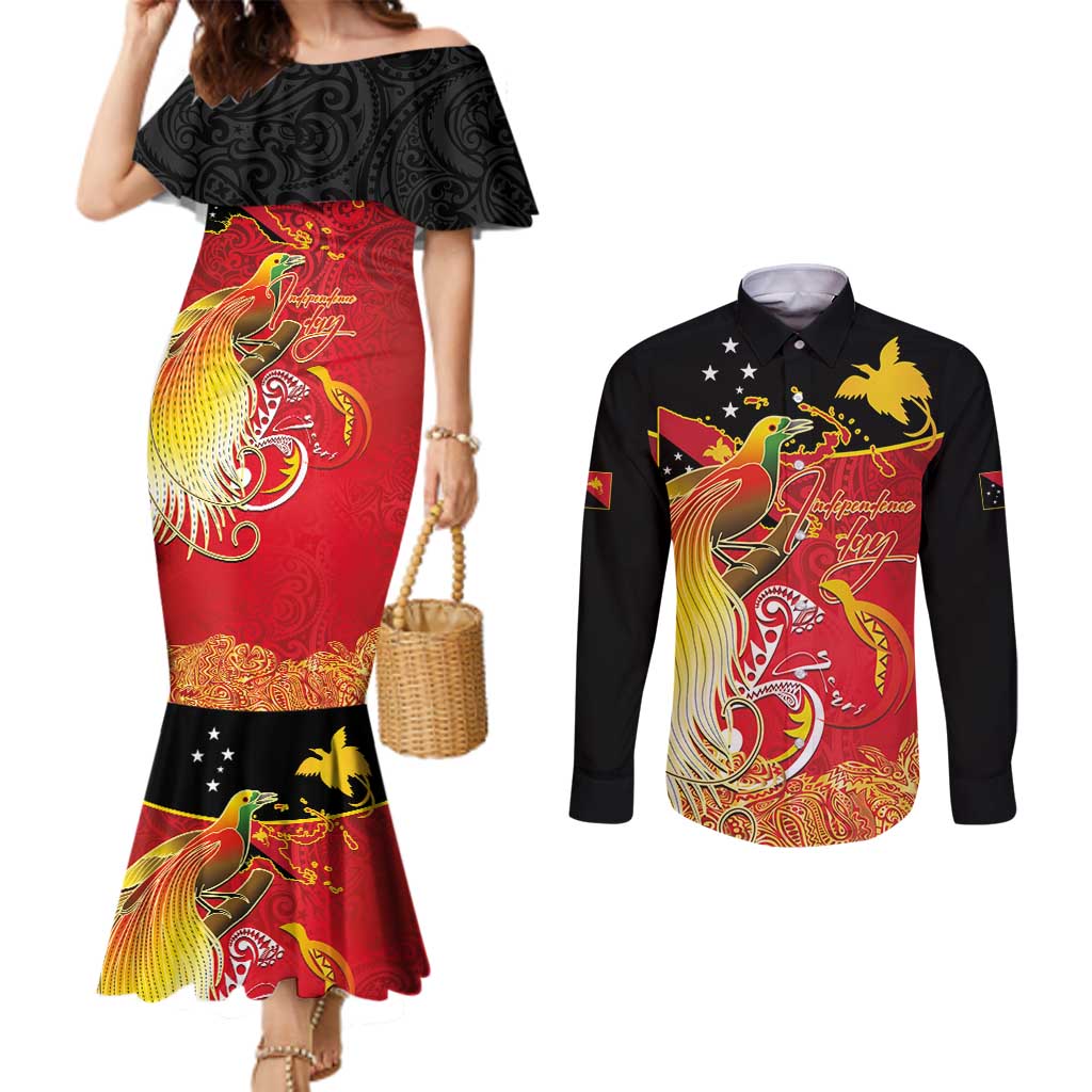 Papua New Guinea Independence Day Couples Matching Mermaid Dress and Long Sleeve Button Shirt Happy Anniversary 50th Bird-of-paradise Melanesian Tattoos - Polynesian Pride