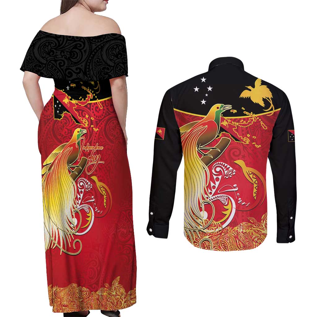 Papua New Guinea Independence Day Couples Matching Off Shoulder Maxi Dress and Long Sleeve Button Shirt Happy Anniversary 50th Bird-of-paradise Melanesian Tattoos - Polynesian Pride