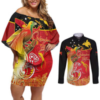 Papua New Guinea Independence Day Couples Matching Off Shoulder Short Dress and Long Sleeve Button Shirt Happy Anniversary 50th Bird-of-paradise Melanesian Tattoos - Polynesian Pride