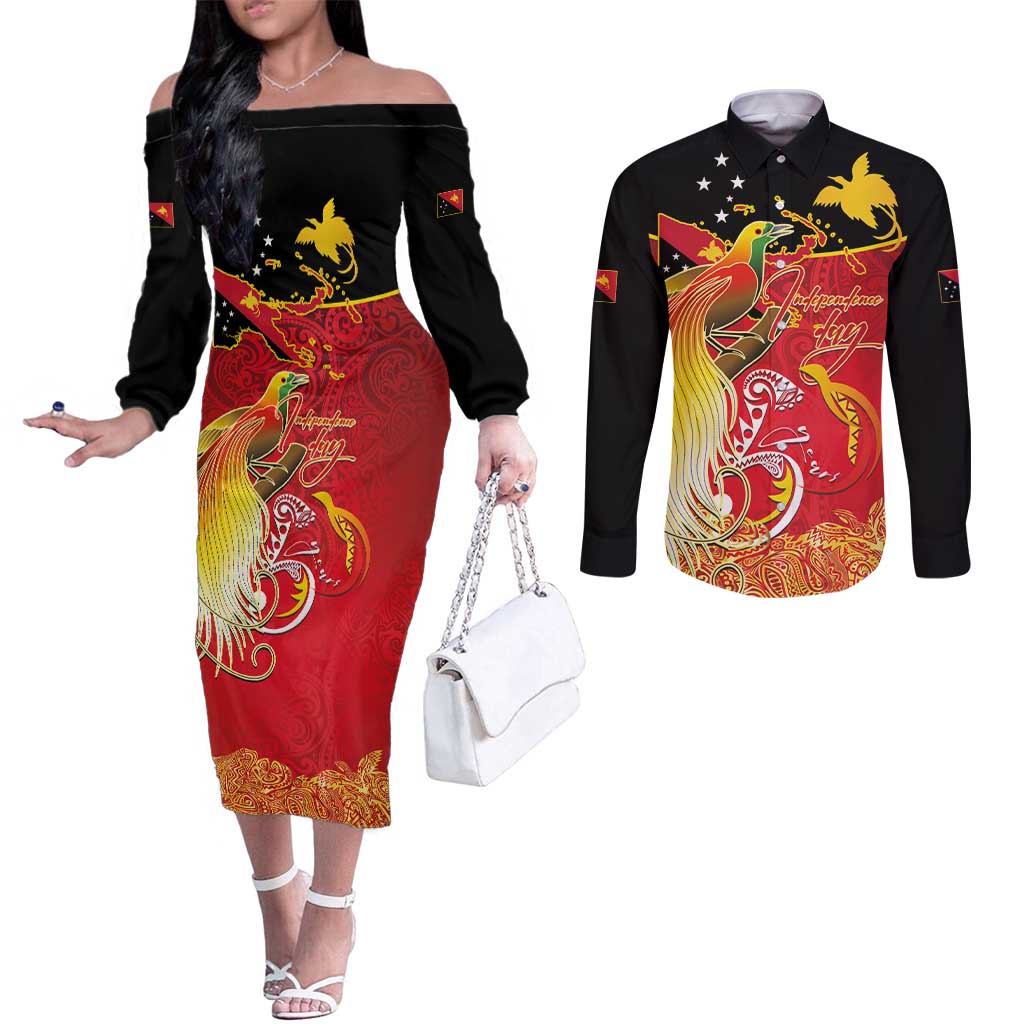 Papua New Guinea Independence Day Couples Matching Off The Shoulder Long Sleeve Dress and Long Sleeve Button Shirt Happy Anniversary 50th Bird-of-paradise Melanesian Tattoos - Polynesian Pride