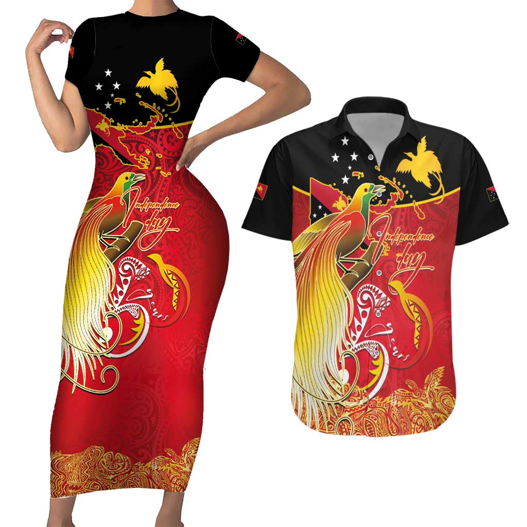 Papua New Guinea Independence Day Couples Matching Short Sleeve Bodycon Dress and Hawaiian Shirt Happy Anniversary 50th Bird-of-paradise Melanesian Tattoos - Polynesian Pride