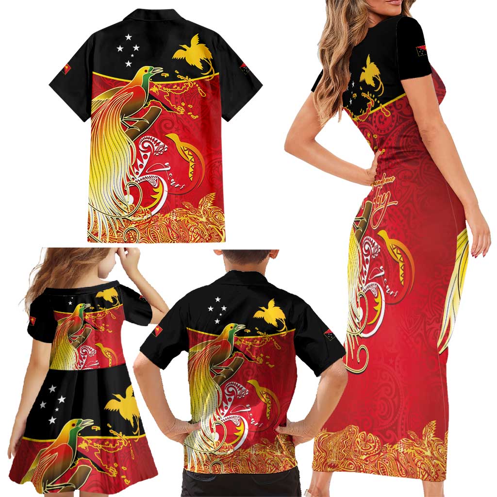 Papua New Guinea Independence Day Family Matching Short Sleeve Bodycon Dress and Hawaiian Shirt Happy Anniversary 50th Bird-of-paradise Melanesian Tattoos - Polynesian Pride