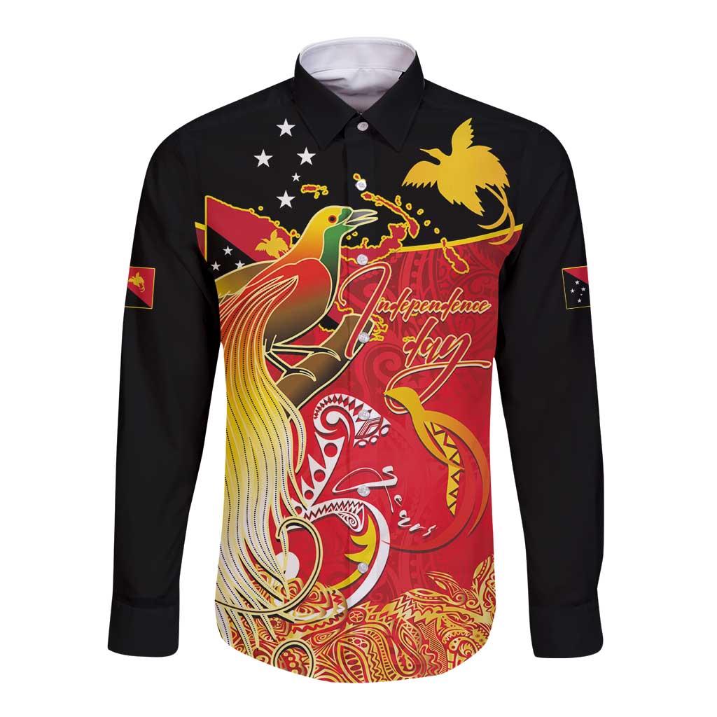 Papua New Guinea Independence Day Long Sleeve Button Shirt Happy Anniversary 50th Bird-of-paradise Melanesian Tattoos - Polynesian Pride