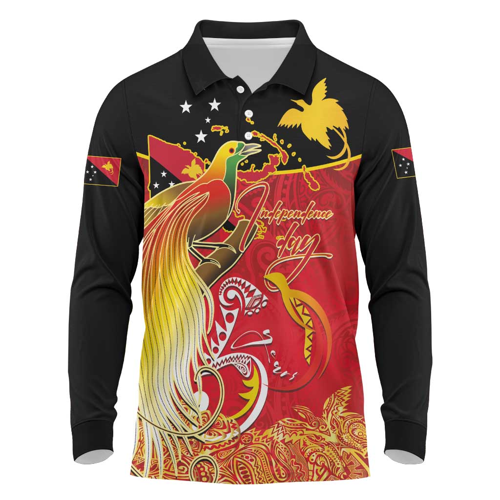 Papua New Guinea Independence Day Long Sleeve Polo Shirt Happy Anniversary 50th Bird-of-paradise Melanesian Tattoos - Polynesian Pride