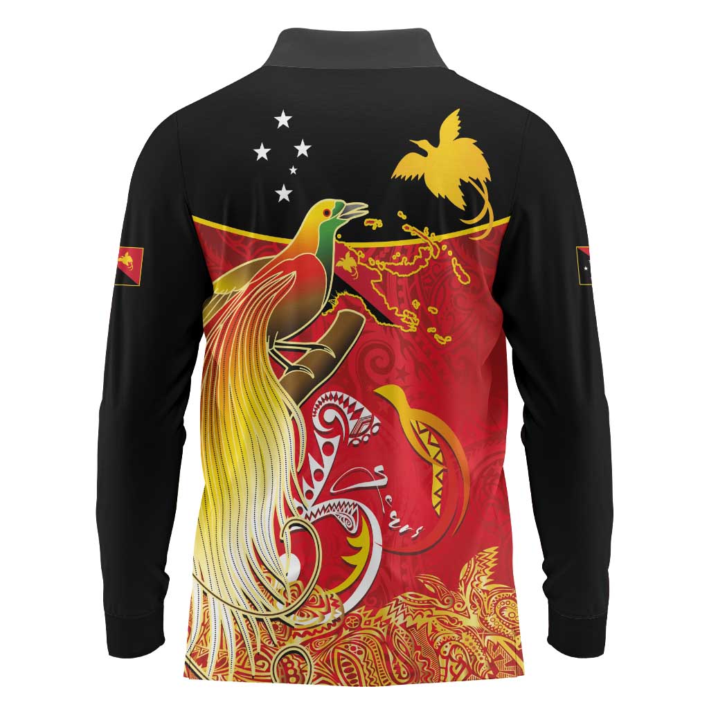 Papua New Guinea Independence Day Long Sleeve Polo Shirt Happy Anniversary 50th Bird-of-paradise Melanesian Tattoos - Polynesian Pride