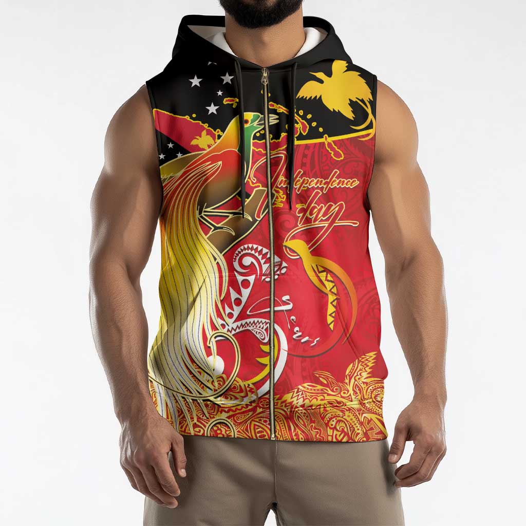 Papua New Guinea Independence Day Sleeveless Zip Hoodie Happy Anniversary 50th Bird-of-paradise Melanesian Tattoos - Polynesian Pride