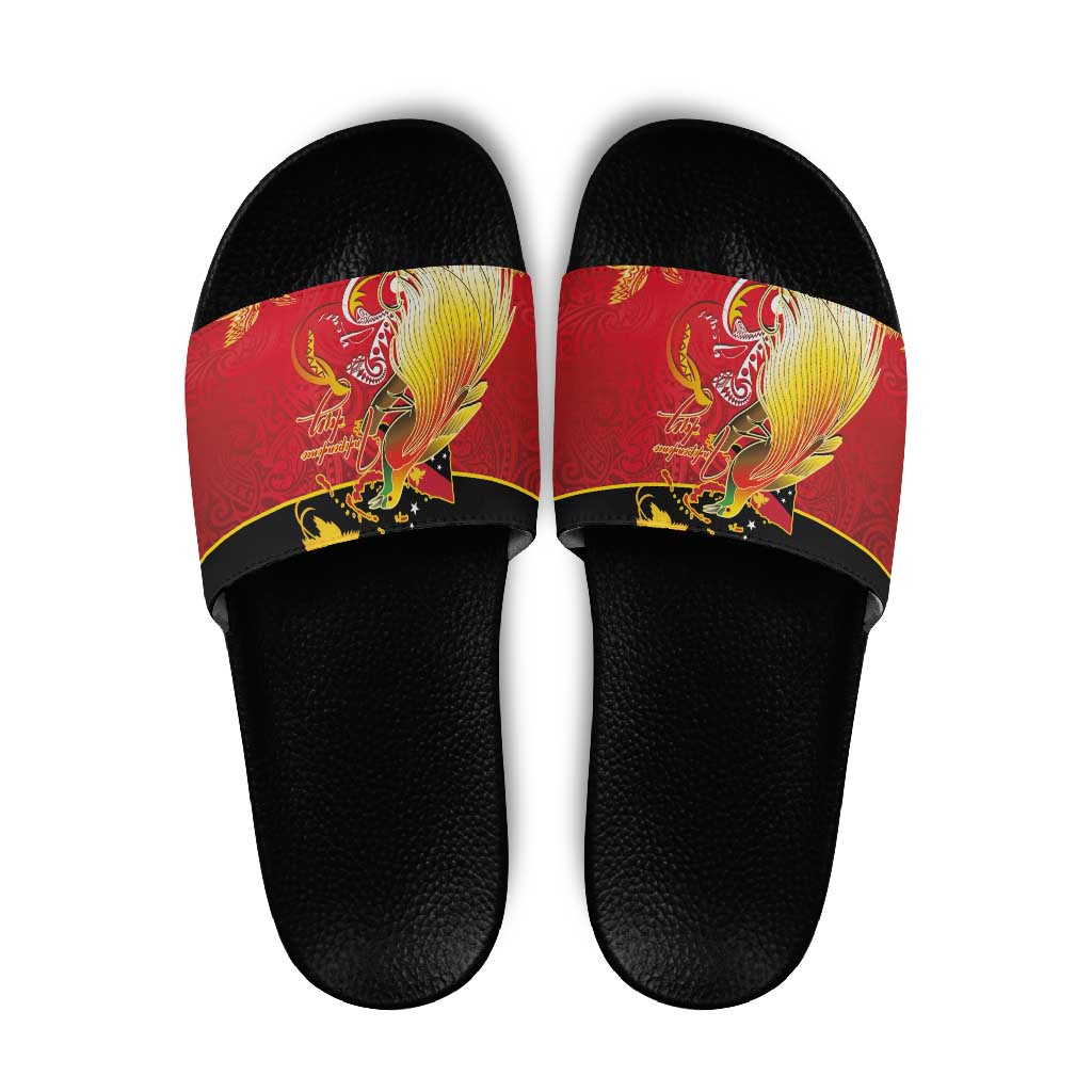 Papua New Guinea Independence Day Slide Sandals Happy Anniversary 50th Bird-of-paradise Melanesian Tattoos - Polynesian Pride