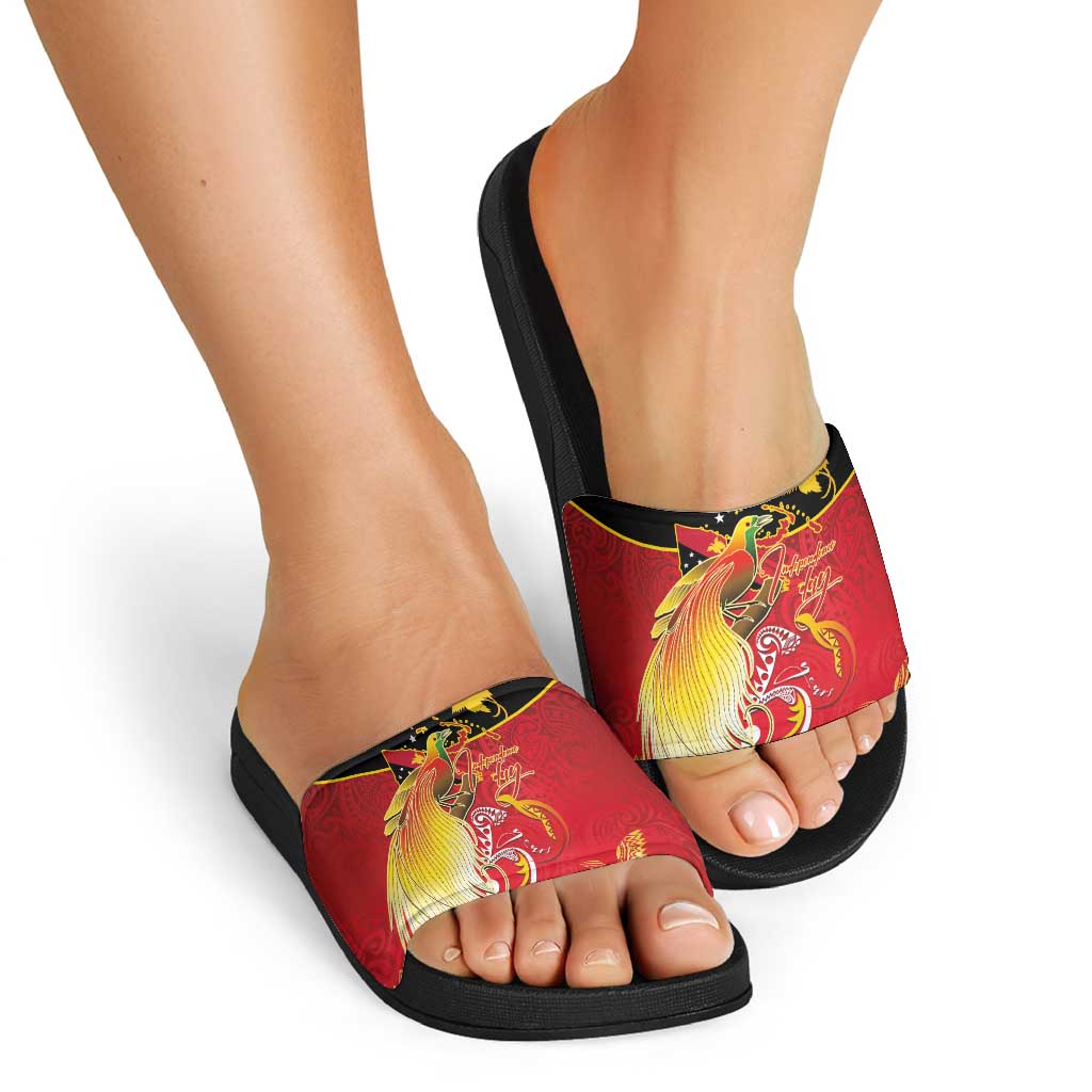Papua New Guinea Independence Day Slide Sandals Happy Anniversary 50th Bird-of-paradise Melanesian Tattoos - Polynesian Pride