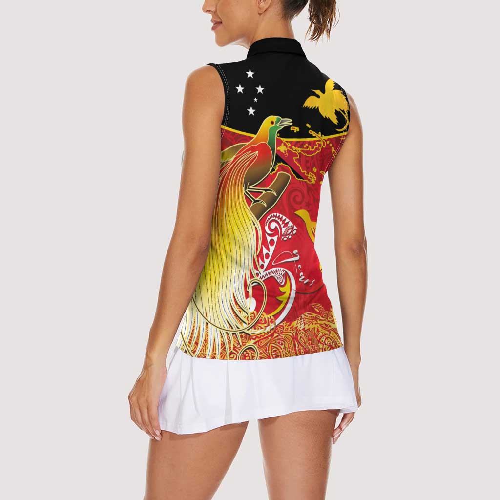 Papua New Guinea Independence Day Women Sleeveless Polo Shirt Happy Anniversary 50th Bird-of-paradise Melanesian Tattoos - Polynesian Pride