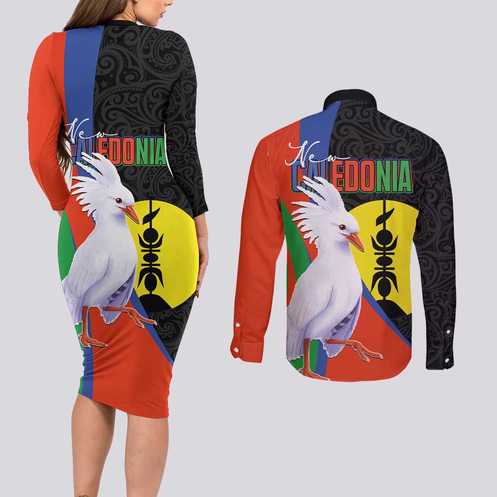 New Caledonia Couples Matching Long Sleeve Bodycon Dress and Long Sleeve Button Shirt Kagu Bird and The Seal with Melanesian Culture - Polynesian Pride